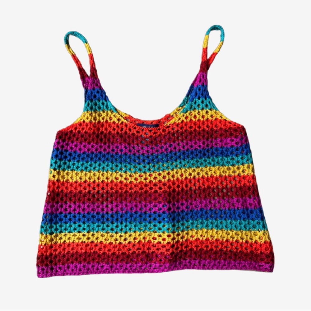 Forever 21 Rainbow Striped Mesh Crochet Cropped Cami